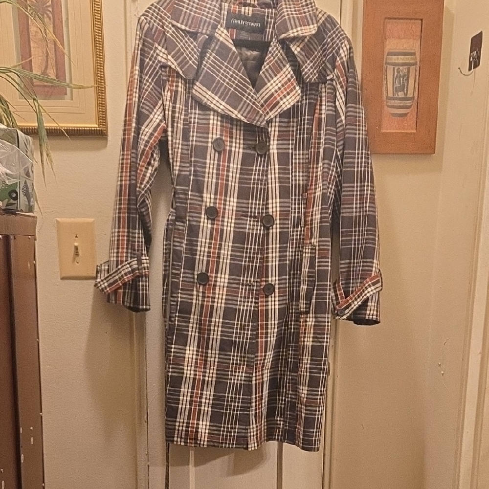 Ashley Stewart Women's Plaid Trench Coat - Navy and White
